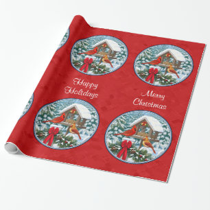Papier Cadeau Cardinaux de Noël Mangeoire Rouge