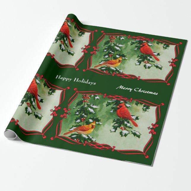 Papier Cadeau Cardinaux mâles et femelles verts (Déroulé)