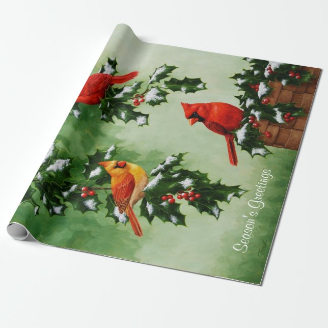 Papier Cadeau Cardinaux rouges et feuilles de houx (Déroulé)
