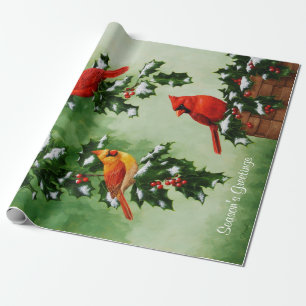 Papier Cadeau Cardinaux rouges et Feuilles holly