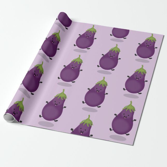 Papier Cadeau Caricature d'aubergine d'aubergine joliment heureu (Déroulé)