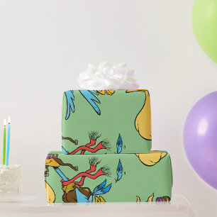 Papier Cadeau Caricature de cigogne avec lunettes et paquet bébé