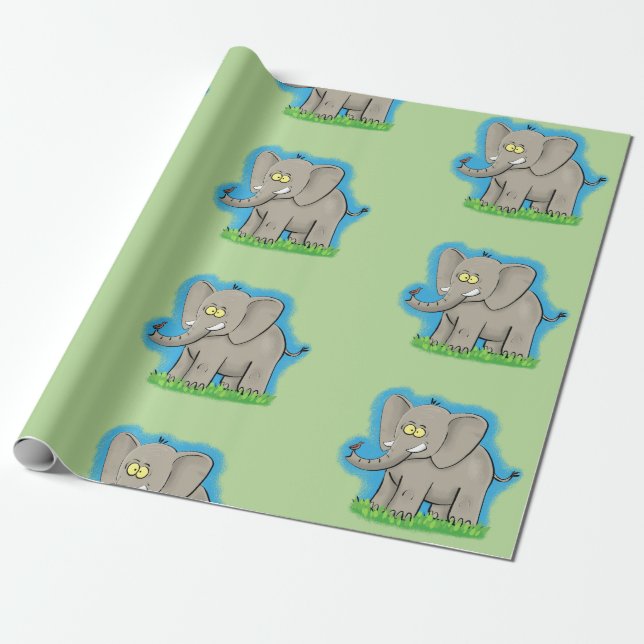 Papier Cadeau Caricature d'éléphant vert motif (Déroulé)
