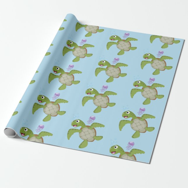 Papier Cadeau Caricature joyeuse de tortue de mer verte mignonne (Déroulé)