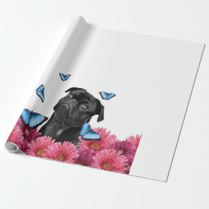 Papier Cadeau Carlin Gerbera Papillons Chien noir mignon