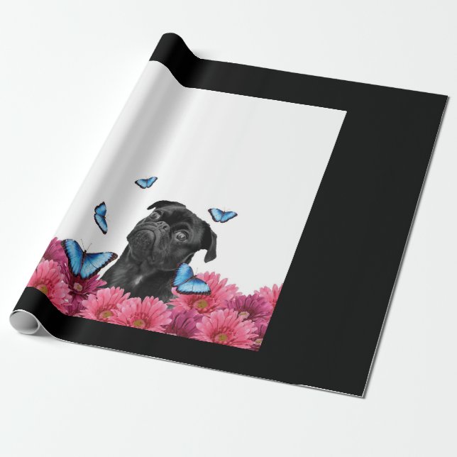 Papier Cadeau Carlin Noir Avec Papillons Bleus Et Gerberas (Déroulé)