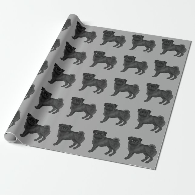 Papier Cadeau Carlin noir mignon dessin chien design Motif gris (Déroulé)