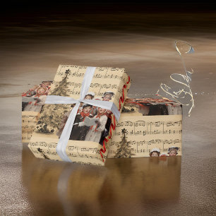 Papier Cadeau Caroleurs de Noël Musique Ruban Rouge
