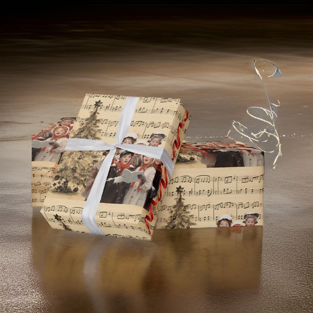 Papier Cadeau Caroleurs de Noël Musique Ruban Rouge (Créateur téléchargé)