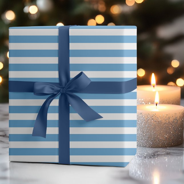 Papier Cadeau Caroline Bleu Blanc Simple Rayé Horizontalement (Créateur téléchargé)