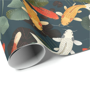 Papier Cadeau Carpeaux de koï et jardin de lotus sur fond bleu p