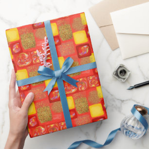Papier Cadeau Carré Rouge et Jaune Faux Paillettes Opale