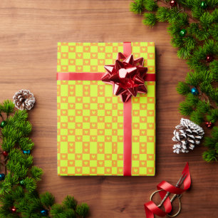 Papier Cadeau Carreau à carreaux vert orange vif avec cœurs