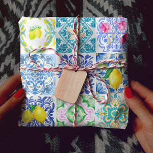 Papier Cadeau Carreau Azulejo d'Amalfi sicilien bleu chic