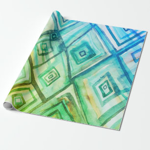 Papier Cadeau Carreau bleu boho aquarelle géométrique emballage