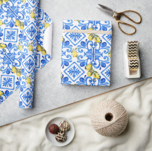 Papier Cadeau Carreau bleu citron jaune
