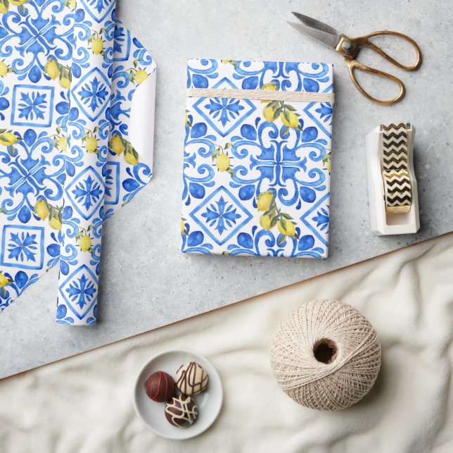 Papier Cadeau Carreau bleu citron jaune  (Artisanat)