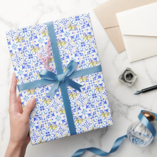 Papier Cadeau Carreau bleu motif de citron de campagne française