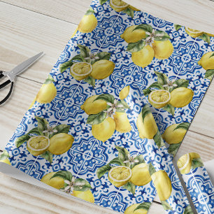 Papier Cadeau Carreau de citron bleu blanc motif méditerranéen