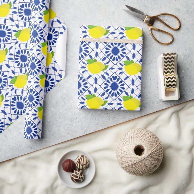 Papier Cadeau Carreau de citron géométrique bleu (Artisanat)