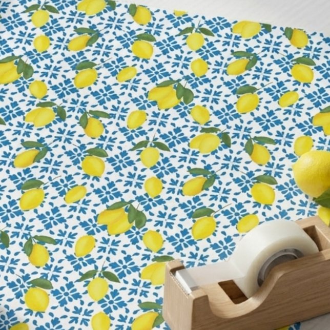 Papier Cadeau Carreau de style français bleu motif citron (Créateur téléchargé)