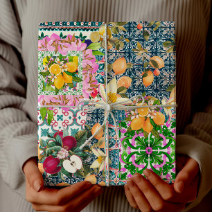 Papier Cadeau Carreau Floral Citron Sicilien Bleu Chic Rose