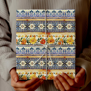 Papier Cadeau Carreau floral méditerranéen bleu jaune élégant