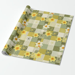 Papier Cadeau Carreau floral rétro olive jonquille - Milieu de s