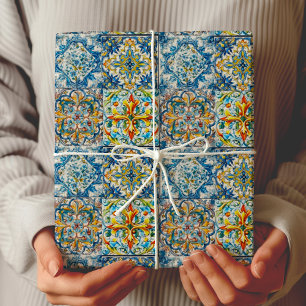Papier Cadeau Carreau italien bleu méditerranéen floral agrumes