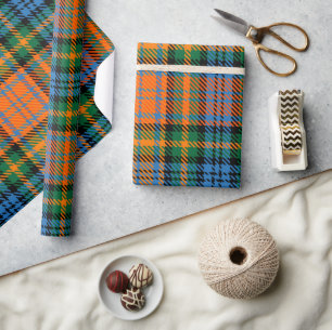 Papier Cadeau Carreaux Bleu Orange Vert Tartan Rustique
