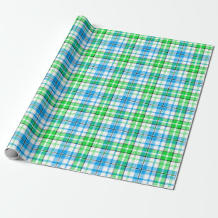 Papier Cadeau Carreaux Bleus Et Verts Tartan Blanc