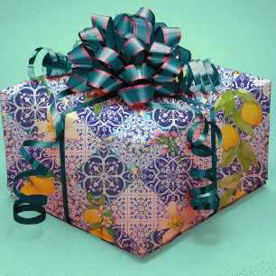 Papier Cadeau Carreaux de céramique citriques méditerranéens ble