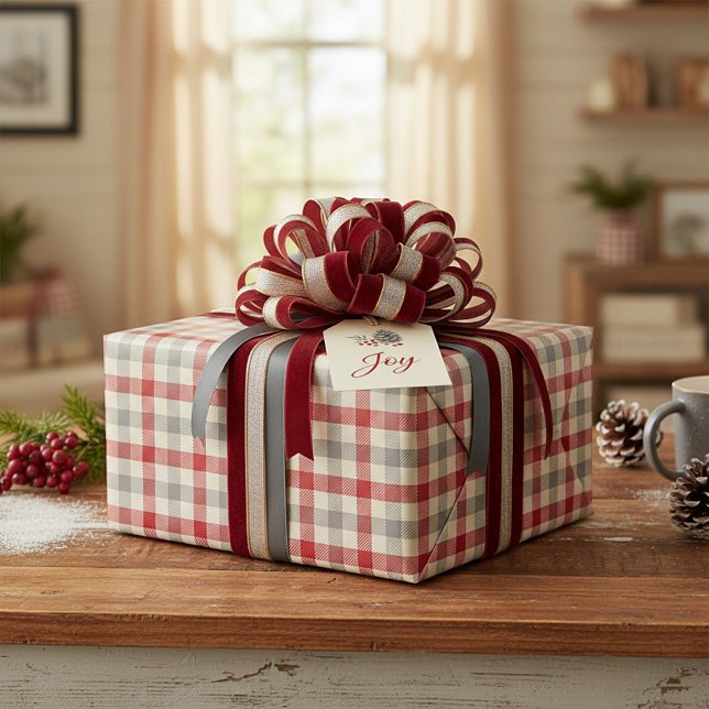 Papier Cadeau Carreaux de ferme rouges et gris (Créateur téléchargé)
