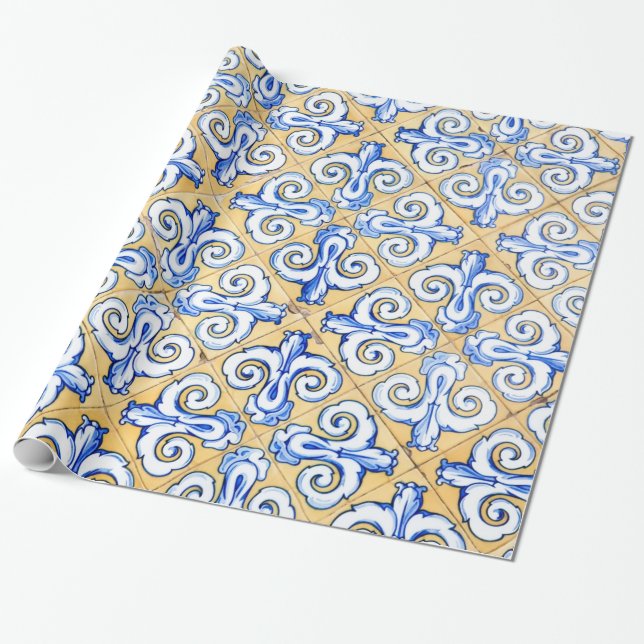 Papier Cadeau Carreaux espagnols - Azulejo Bleu, Jaune et Blanc (Déroulé)