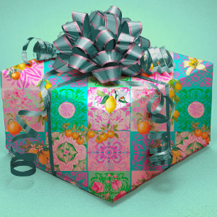 Papier Cadeau Carreaux Floraux de Citron Sicilien Rose Chic