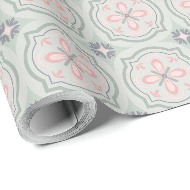 Papier Cadeau Carreaux Floraux Pastel Vert (Coin rond)