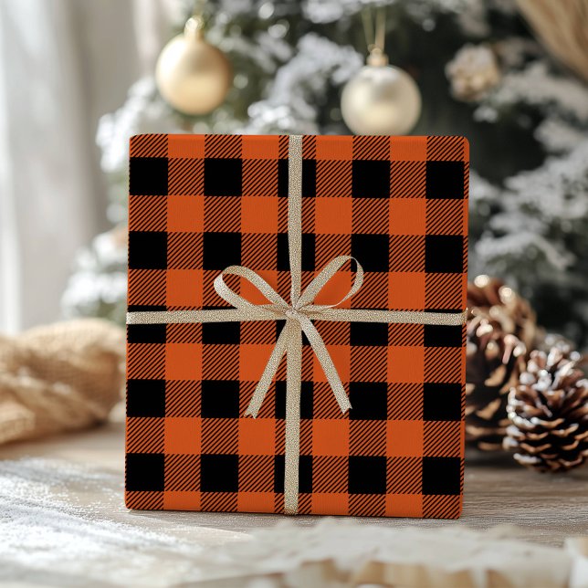 Papier Cadeau Carreaux Gingham Classique Orange Noir Buffalo (Créateur téléchargé)