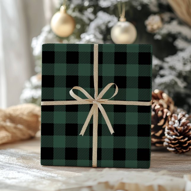 Papier Cadeau Carreaux Gingham Classiques Vert Noir Buffalo (Créateur téléchargé)