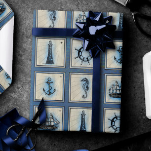 Papier Cadeau Carreaux marins   Blue Lighthouse Ancre Ship Wheel