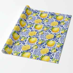 Papier Cadeau Carreaux Motif Citron Bleu Blanc Méditerranéen Cit