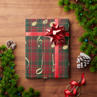 Papier Cadeau Carreaux Rouges Festifs et Notes de Musique en Or