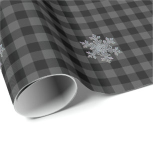 Papier Cadeau Carreaux tartan noir rustique et gris - flocon de