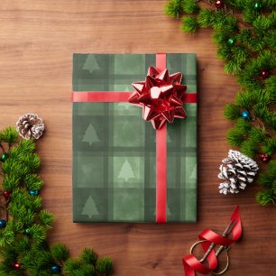 Papier Cadeau Carreaux Verts Texturés avec Noël aux Arbres Résin