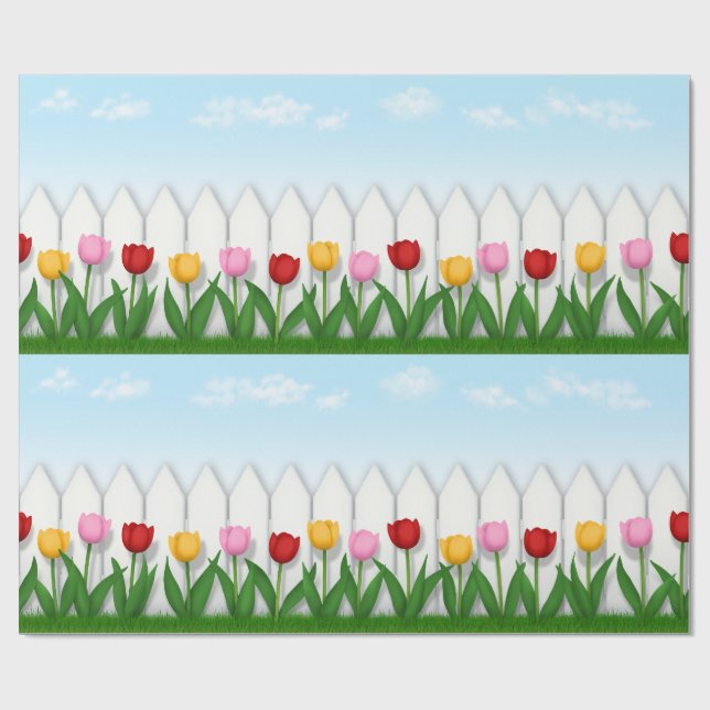 Papier Cadeau Carrelage blanc de clôture rose et jaune des tulip (Plat)