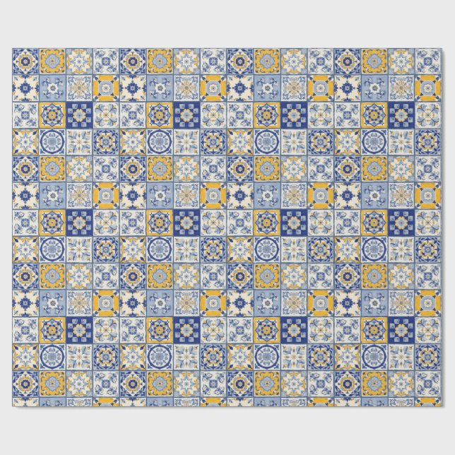 Papier Cadeau Carrelage espagnol bleu jaune (Plat)