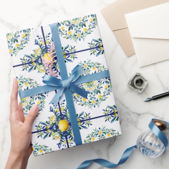 Papier Cadeau Carrelage italien citron bleu et blanc Découpage f (Cadeaux)