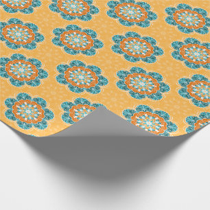 Papier Cadeau Carrelage Mandala floral en Orange et Turquoise