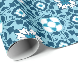 Papier Cadeau Carrelage marocain floral, Indigo, bleu ciel et bl