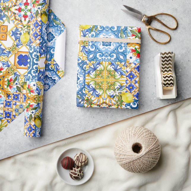 Papier Cadeau Carrelage méditerranéen, majolica, style sicilien (Artisanat)