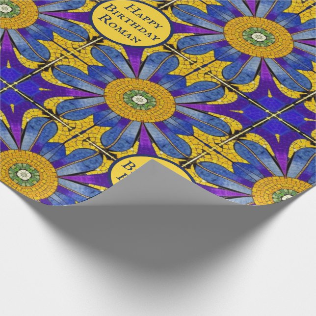 Papier Cadeau Carrelage romain Mosaic Look - Bleu / Jaune - prop (Coin)
